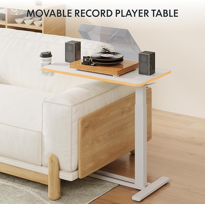 FLEXISPOT H7 Adjustable Overbed Bedside Table with Wheels Pneumatic Mobile Standing Laptop Desk Rolling Computer Cart Movable Overbed Table Hospital Home Use (31.5" W x 17.7" D, White Maple Large)