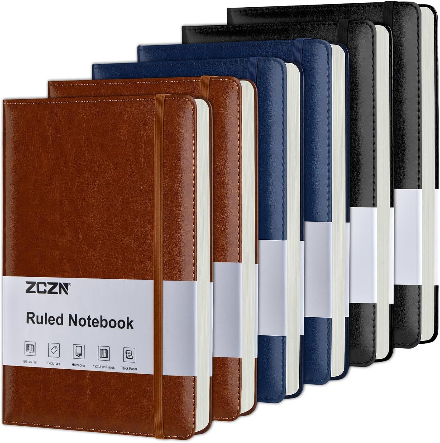 ZCZN 6 Pack Lined Journal Notebooks, 192 Pages A5 Hardcover Leather Journals for Work,Writing,School & Travel, College Ruled Journaling Notebooks for Notes Taking,Diary Journal (Black+Brown+Blue)*2
