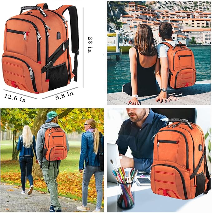 Extra Large 50L Travel Laptop Backpack, Computer bag Backbag with USB Charging Port, TSA Friendly Durable Big RFID Heavy Duty Business Tech Backpack Fits 17 Inch Laptops for Men Women, Orange