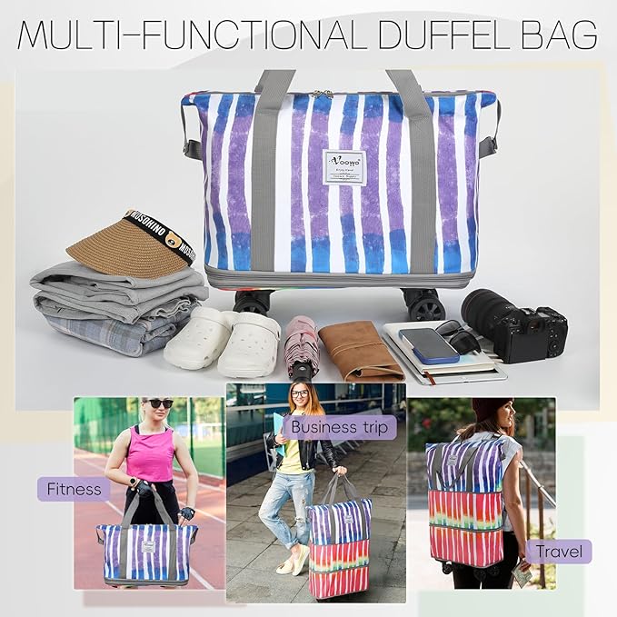 VOOWO Rolling Duffel Bag - Foldable Expandable Duffle With Wheels for Travel, Luggage Carry On, Large Backpack Weekend Bag for Men Women (Rainbow)