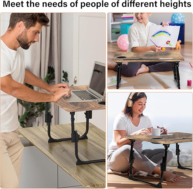 Laptop Desk for Bed Height Adjustable, Lap Bed Table with USB/Storage Drawer/Cup Holder/Tablet Stand/Book Shelf, Foldable Breakfast Tray Portable for Reading Writing, Sofa & Floor, Carbonized