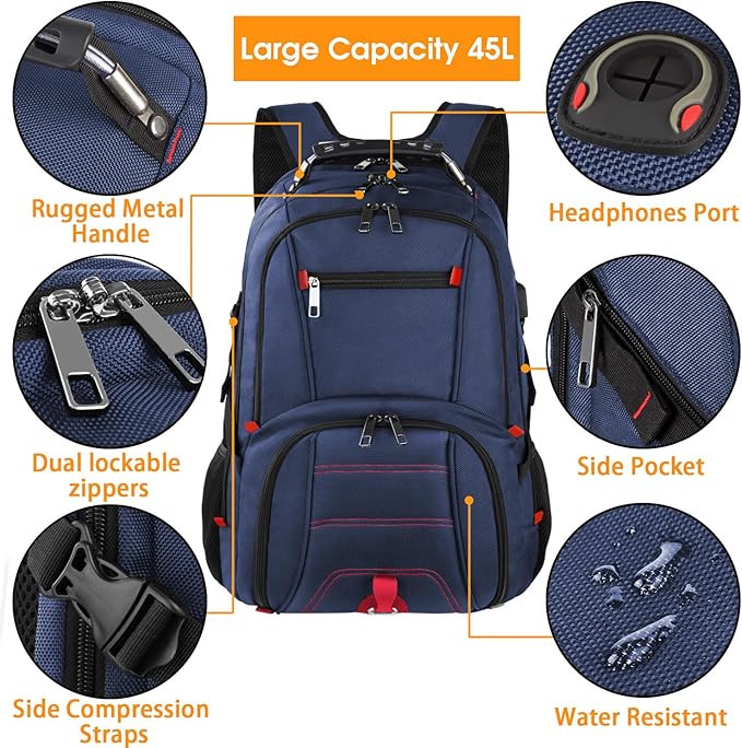 LTINVECK Extra Large 50L Travel Laptop Backpack, Computer bag Backbag with USB Charging Port, TSA Friendly Durable Big RFID Heavy Duty Business Tech Backpack Fits 17 Inch Laptops for Men Women, Blue