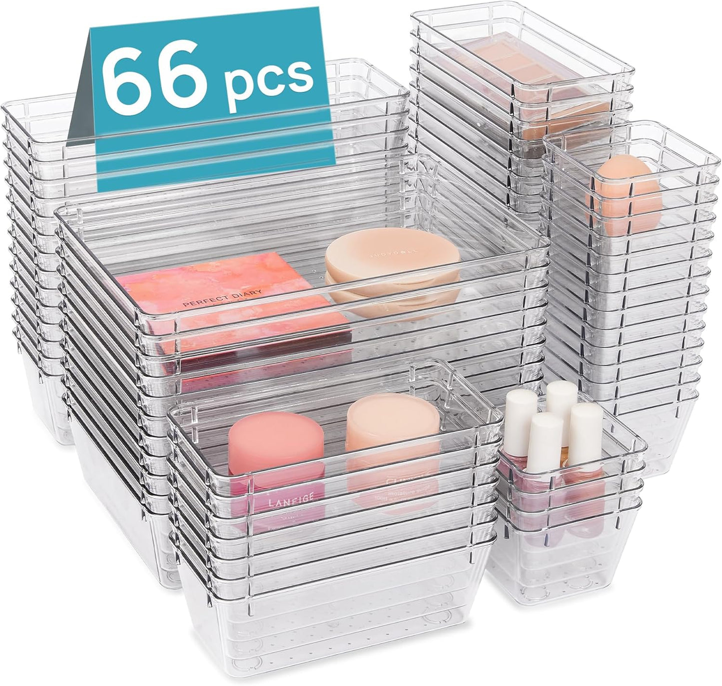 Vtopmart 66 PCS Clear Plastic Drawer Organizer Bins, 4-Size Versatile Bathroom and Vanity Organizer Trays, Acrylic Storage Containers for Makeup, Jewelry, Toiletry, Kitchen Utensils and Office Supply