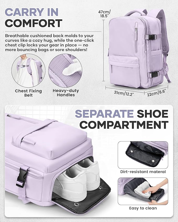 Vacuum Travel Backpack with Pump for Women, Personal Item Carry on Backpacks Flight Approved 18x14x8 inches for Men,Laptop Waterproof Work Compression bags Casual Daypack. (Purple)