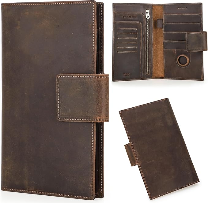 Top Grain Leather Travel Passport Wallet Holder for Man & Woman, Snap Button Design for 4 Passports & Multi Cards, RFID Blocking Large Capacity for Passports/Cards/Checks/Bills, Coffee