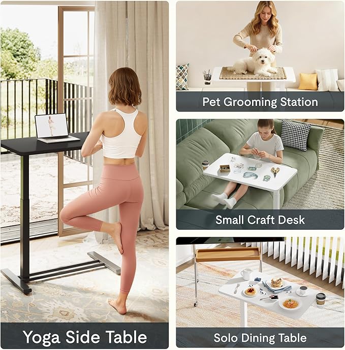 FLEXISPOT H7 Adjustable Overbed Bedside Table with Wheels Pneumatic Mobile Standing Desk Laptop Desk Rolling Computer Cart Movable Overbed Tables Hospital Home Use(27.6" W x 15.7" D, Black Table)