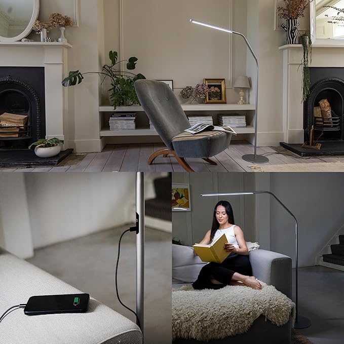 daylight Slimline 4 LED Floor Lamp - 6,000K, 3,200 Lux, 4 Brightness Levels, USB-C Port for Fast Charging - Sleek Design, Anti-Glare Shade, Flexible Height Adjustment - Ice Grey