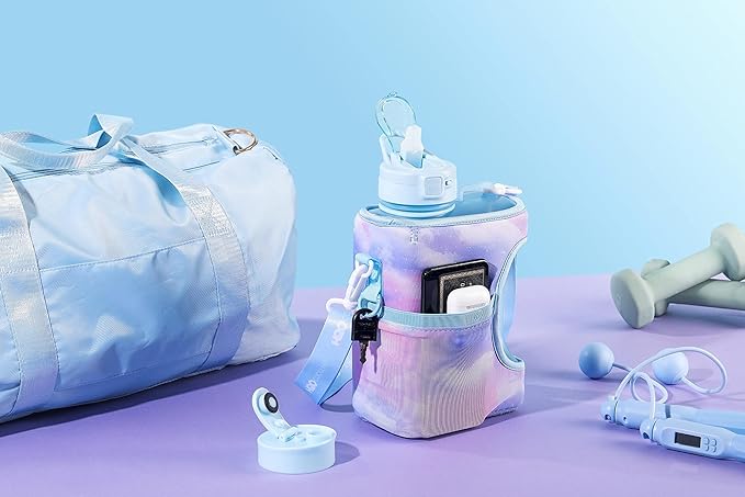 H2O Capsule Half Gallon Cube Square Water Bottle value pack - 2.2L Water Bottle with Strap, 2 Sleeves, Covered Straw Lid – BPA Free Reusable Sports Water Jug with Handle, (68 Ounce)