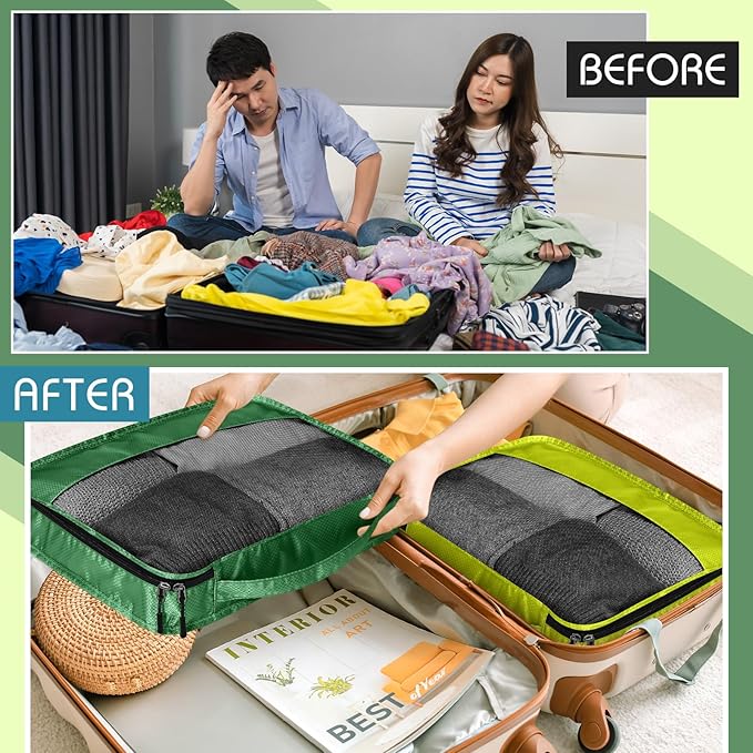 5 Pcs Packing Cubes for Suitcase Large Travel Cubes Carry on Luggage Organizer Bags for Clothes Accessories(L,Green)