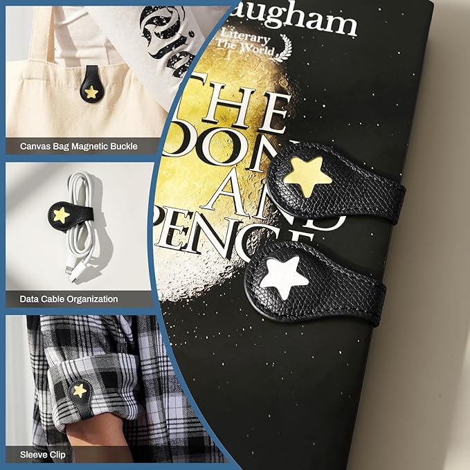 2Pcs Magnetic Leather Bookmarks with Gift Box, Magnetic Pen Holder Book Marks Clip Gift for Book Lover Readers Men Women Teachers Students, Star (Black+Black)