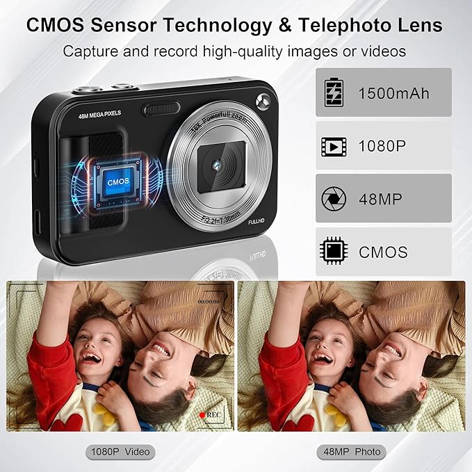 Digital Camera, Autofocus 48MP Kids Camera, FHD 1080P Point and Shoot Digital Cameras with 32GB Card, 16X Zoom Anti-Shake, Compact Camera with 1500mAh Batteries for Boys Girls Teens