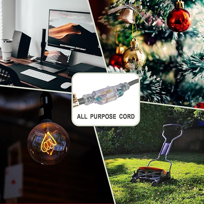 EP 25 Ft Lighted Outdoor Extension Cord - 12/3 SJTW Heavy Duty Grey Extension Cable with 3 Prong Grounded Plug - Power Cord for Lawn, Garden, Appliances