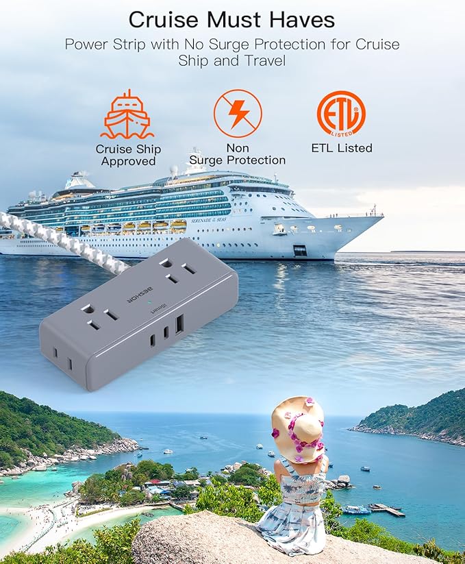 Flat Plug Power Strip 6 feet, 4 Widely Outlets with 3 USB Ports (2 USB C), 3 Side Outlet Extender with Extension Cord with Multiple Outlets for Home, Office, Dorm Room Essentials Gray