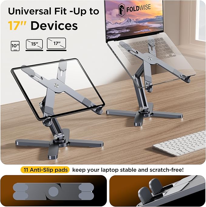 FoldWise X Premium Laptop Stand for Desk - 100% Aluminum, Portable & 360° Rotating - Adjustable Height & Angles Laptop Riser - Sturdy & Foldable MacBook Stand Compatible with All 11-18” Devices