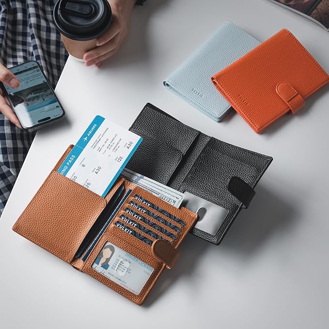 VULKIT Leather Passport Travel Wallet for 2 Passports Slim Double Passport Holder RFID Blocking with ID Window for Women or Men