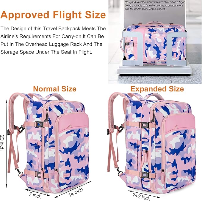 Travel Backpack 42L Carry on Backpack Flight Approved Expandable Travel Backpack Carry on Backpack Luggage Daypack (Pink Camouflage)