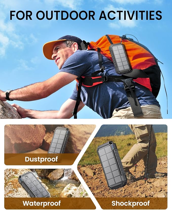 Riapow Solar Power Bank 27000mAh/99000mWh - Wireless Solar Charger - 22.5W Fast Charging Battery Bank Built in 2 Cables - PD QC External Battery Pack with USB C for Phone Flashlight for Outdoor