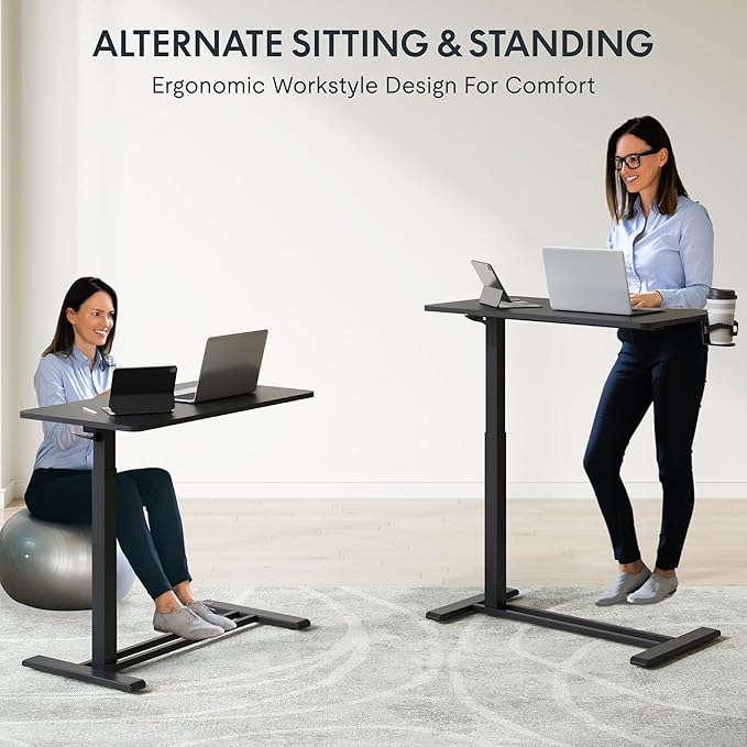 FLEXISPOT H7 Adjustable Overbed Bedside Table with Wheels Pneumatic Mobile Standing Desk Laptop Desk Rolling Computer Cart Movable Overbed Table Hospital Home Use(31.5" W x 17.7" D, Black Large)