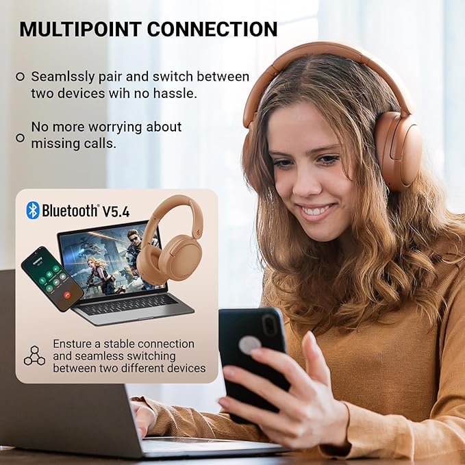 Edifier V80 Hybrid Active Noise Cancelling Headphones, True Wireless Over Ear Bluetooth Headset with 45H Playtime Hi-Res Audio Fast Charging Multipoint Connection for Travel Home Office (Brown)