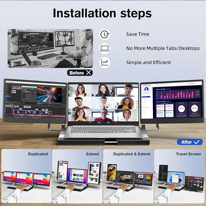 Laptop Triple Screen Extender - 14" Monitor IPS FHD 1080P HDMI USB-C Detachable Portable Display for 12-17.3 Inch Laptops Compatible with Windows Mac Chrome Surface Metal Base Travel Work Setup