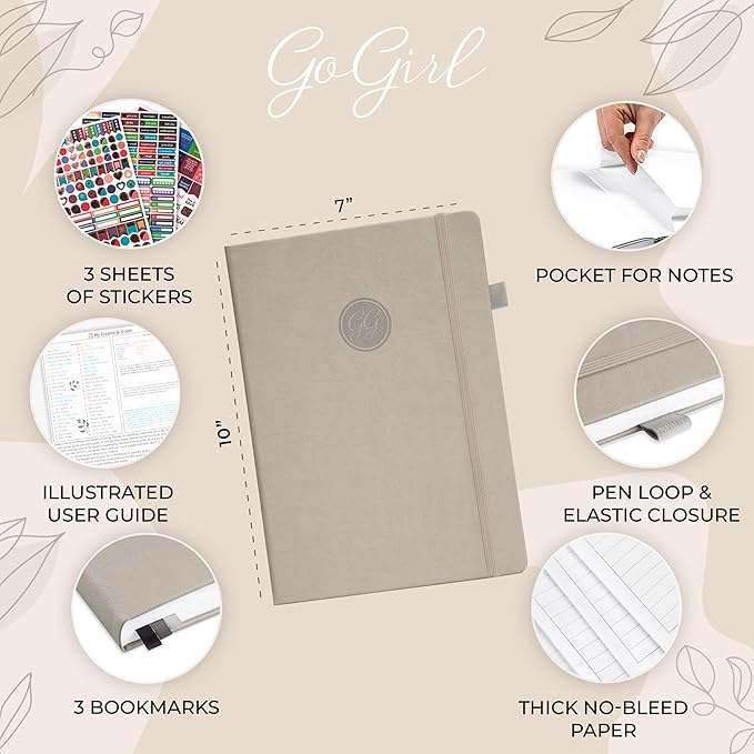 GoGirl Planner PRO Schedule - Undated Planner with Hourly Time Slots, Monthly, Weekly & Daily Organizer, Appointment Book for time Management, 7"x10" Hardcover, Lasts 1 Year - Foggy Alps
