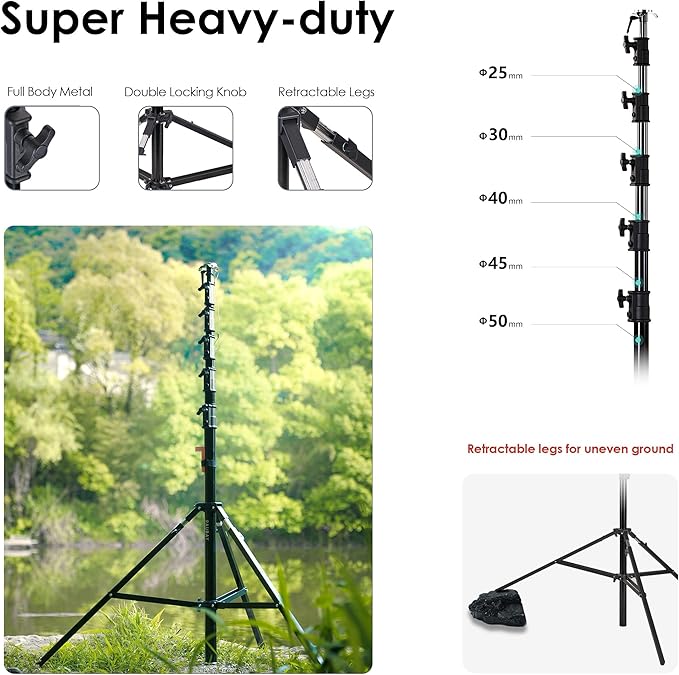 RAUBAY 24' Tall Tripod Stand, Extreme Tall Heavy Duty Sports Camera Video Tripod, Spring Telescoping Aluminium Alloy Large Light Stand with 1/4"& 3/8" Screw, Professional Sky High for Outside Shooting