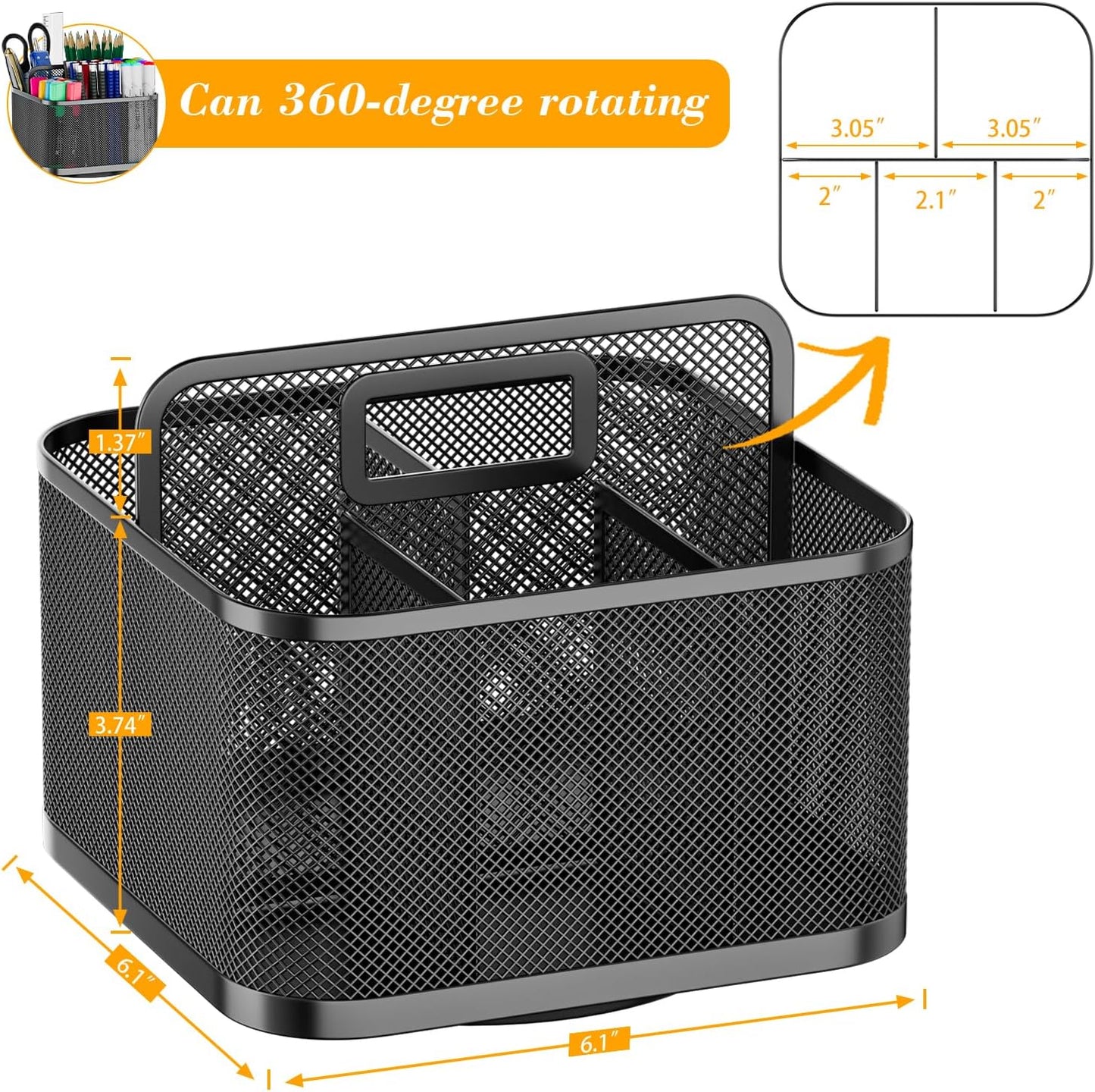 LUCYCAZ 360 Rotating Metal Pencil Pen Holder for Desk, Rotating Pencil Cup with 5 Slots, Dual-Purpose Desk Pen Organizer for Office, School, Home, Square