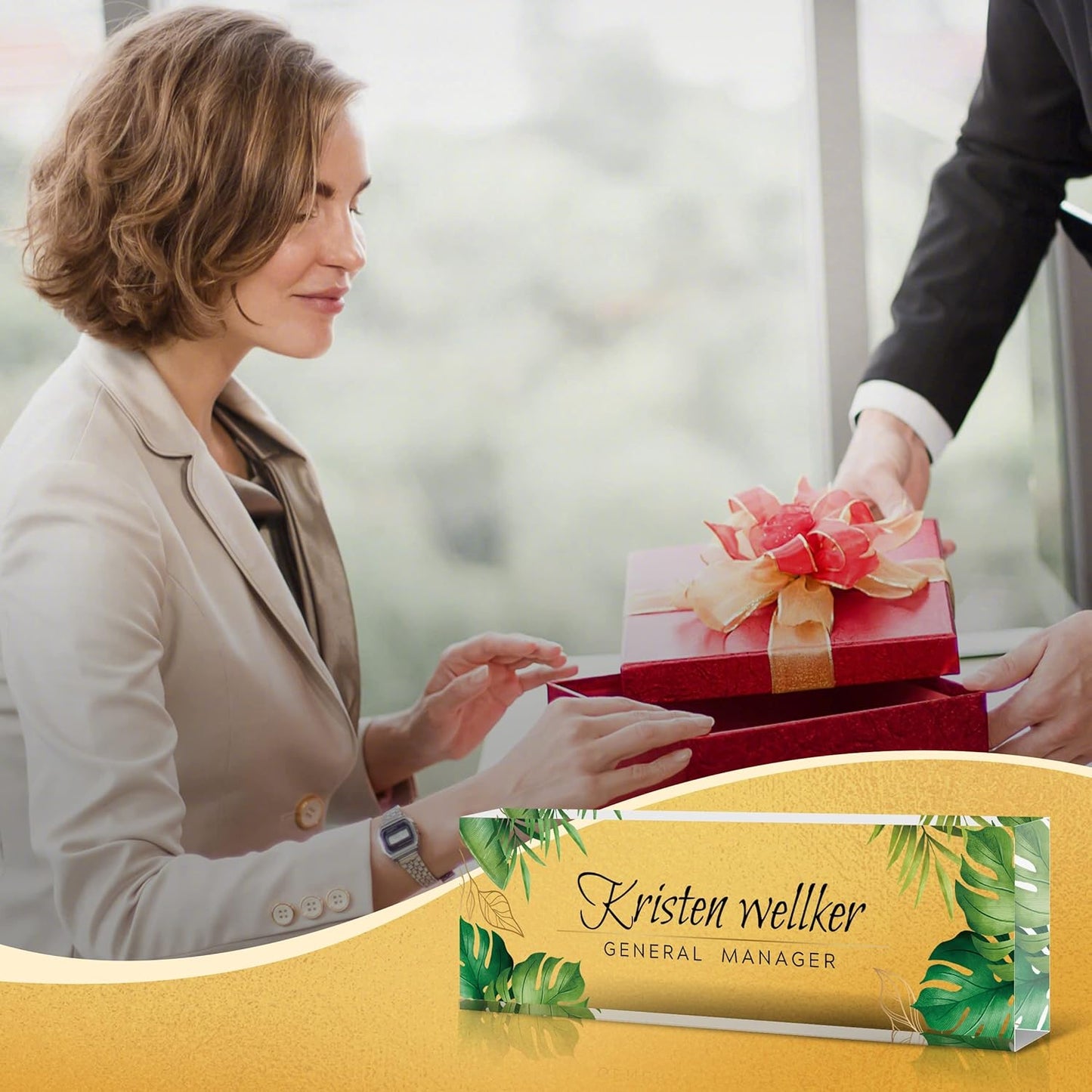 Premium Green Monstera Personalized Acrylic Name Plate - Desk Decor for Women or Men, Boss, Employee, Teacher