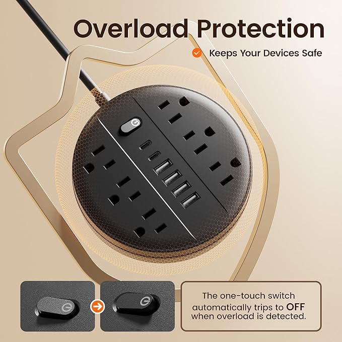 10 FT Surge Protector Power Strip, Extension Cord with Multiple Outlet, 6 AC Outlets, 4 USB & 2 USB C Ports & Control Switch, Portable Outlet Extender, Flat Plug, Wall Mount for Office Home Dorm,Black