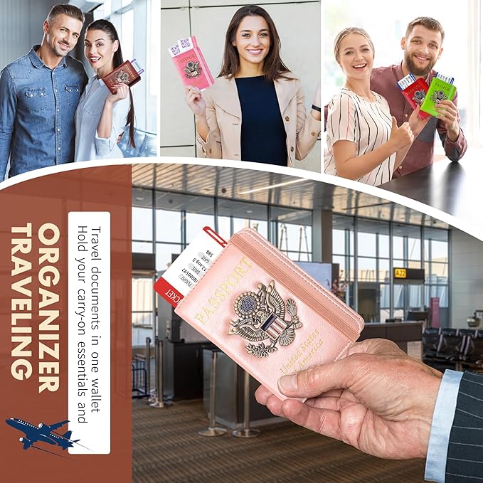 Passport Holder Cover Travel Wallet RFID Blocking Passport Wallets Family Organization Personalized Wallet Case for Men and Women Travel Must Haves(Rose gold)