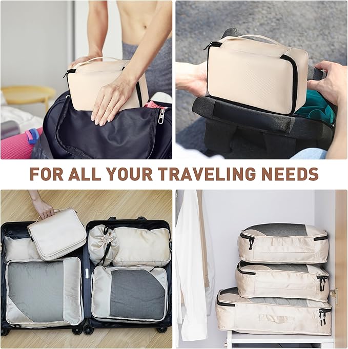 8-Piece Packing Cubes for Travel, Mesh Luggage Organizers with Shoe Bag, Toiletry Bag, Laundry Pouches, 4 Sizes (XL/L/M/S) for Suitcase Organization, Men Women Kids, Beige