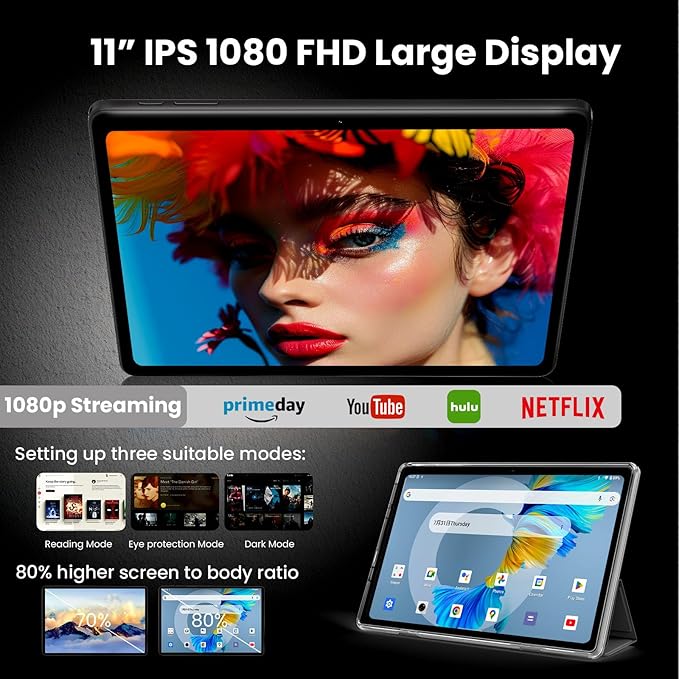 HUIHUANG Tablet 11 inch Android 15 Tablets, 20GB RAM 128GB ROM 1TB Expand, Octa-Core Processor, 1280x800 LCD Touch Screen, WiFi 5, BT5.0, Dual Camera, 8000mAh Battery (Blue)