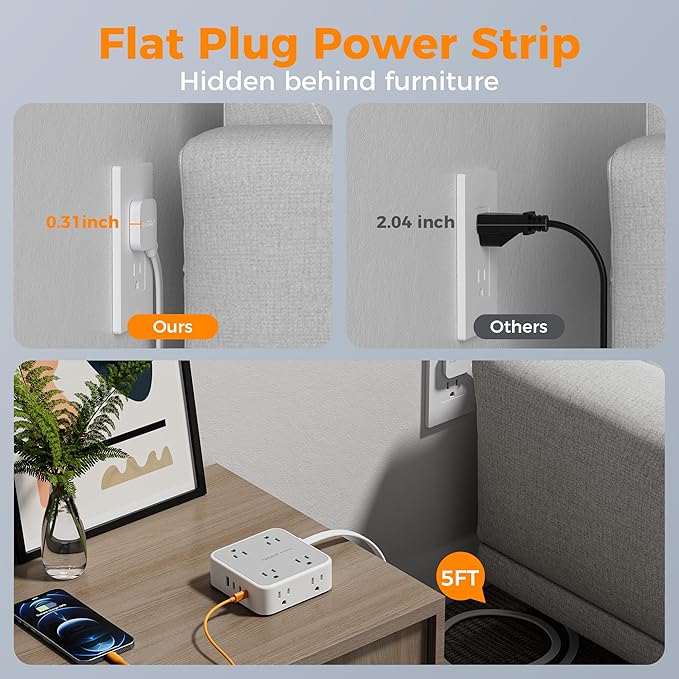 Surge Protector Power Strip, TESSAN 5 FT Extension Cord with Multiple Outlets Flat Plug, 4 USB (3 USB C) and 8 AC Outlets, 900J Protection, Wall Mount Charging Station for Home Office Supplies