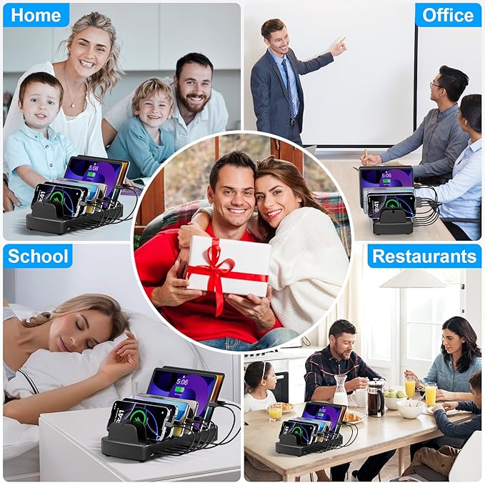 260W Cell Phone Charging Station for Multiple Devices, 10-Port USB C Fast Charger Hub for MacBook, iPhone, Android, iPad, Tablet, Kindle, Family Multi-Device Organizer Charging Dock, White (Black)