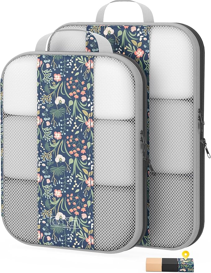 2 Set Compression Packing Cubes for Travel Essentials,Compressible Expandable Packing Cubes for Suitcase,OlarHike Luggage Organizer Bags for Travel(Dark Blue Floral)