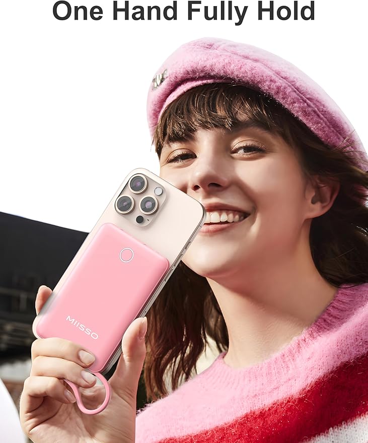 miisso 10000mAh Slim Portable Charger with Built in Cable, Power Bank Travel Charger External Battery Pack for Phone, 3 Output USB Type C Cord Clutch Charger Compatible with iPhone, Pink