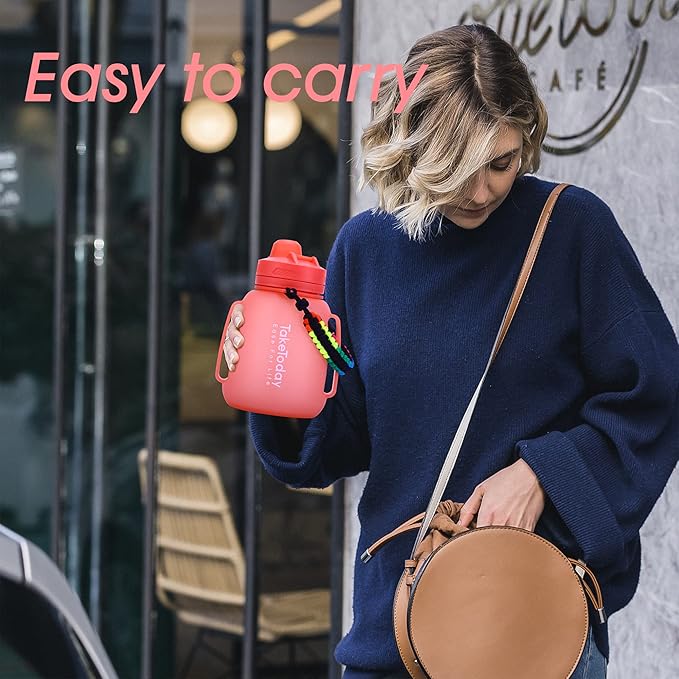 TakeToday 40 OZ Gallon Motivational Collapsible Water Bottles with Straw and Paracord Handle 1.2L Silicone Sports Water Bottle with Time Marker for Yoga Camping Outdoors