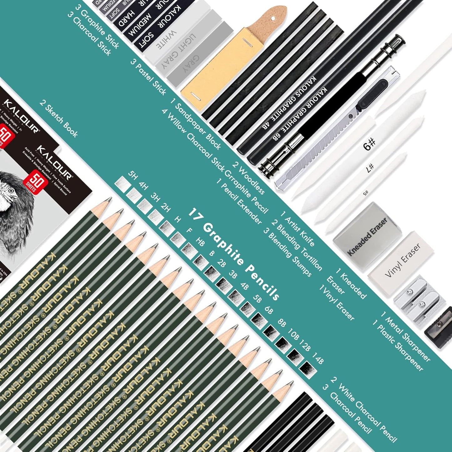 KALOUR 52-Pack Sketch Drawing Pencils Kit with Two Sketchbook,Tin Box,Include Graphite,Charcoal and Artists Tools,Pro Art Drawing Supplies for Adults Beginner Kids
