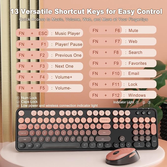 Wireless Keyboard and Mouse Combo, Full-Size Retro Typewriter Keyboard with Round Keycaps, Ergonomic Design for Windows PC, Home and Office Use -Red