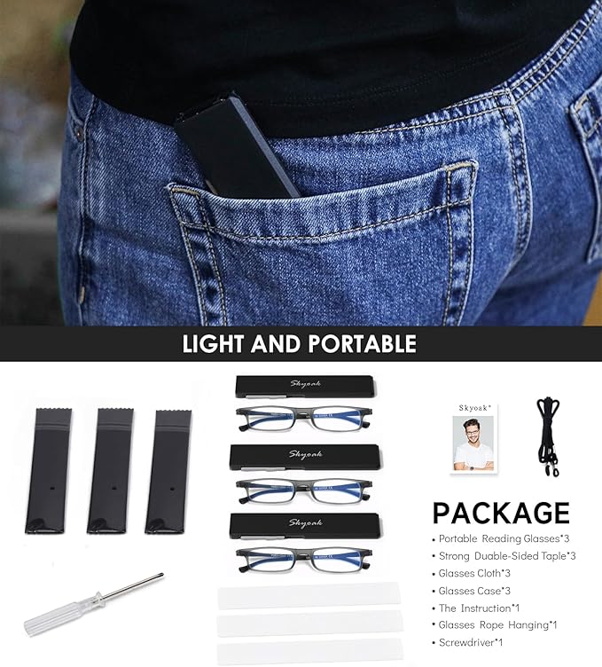 3 Pack Ultra thin Lightweight Folding Reading Glasses Women Men TR90 Blue Light Blocking Anti UV/Eyestrain Foldable Compact Computer Readers Portable Unique Stretchable Slim Flat case Gunmetal, +1.5