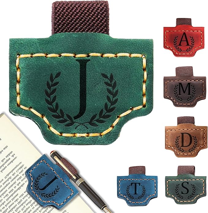 Personalized Bygone Mark Bookmark with Pen Holder, Leather Magnetic Bookmark 26 Letters Name Initial Bookmarks for Readers, Book Lover Gifts for Women Men Notebook Accessories (Green, J)