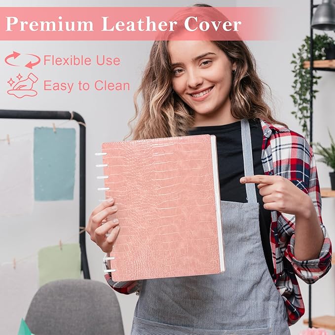 Pu Leather 8.5x11 In Discbound Notebook Cover And Disc Set Discbound Planner Cover With 11 Pcs Expansion Discs Letter Size Disc Bound Notebook Accessories For Office(Pink;No Inner Paper)
