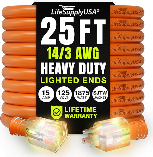 25ft Outdoor/Indoor Extension Cord 14/3 Gauge Heavy Duty 3 Prong SJTW, Waterproof, Flexible Cold-Resistant Long Power Cord,15A 125V 1875W, Orange by LifeSupplyUSA