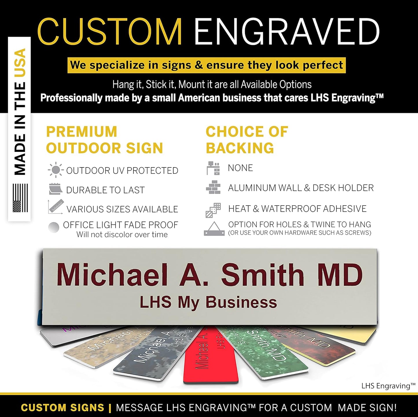 Engraved Name Plates for Door Sign Personalized Gray Plastic Plaque with Maroon Letters - Made in USA 2x10 B21