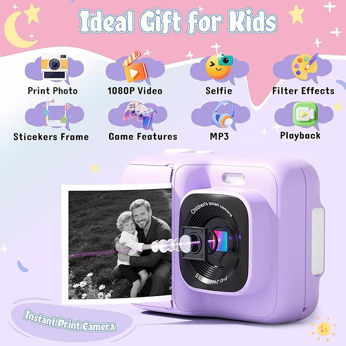Kids Camera, 1080P Instant Digital Print Camera for Kids, Christmas Birthday Gifts for 4 5 6 7 8 9 10 Year Old Girls Boys, Portable Toy with 32GB SD Card & 3 Rolls Printing Paper, Purple