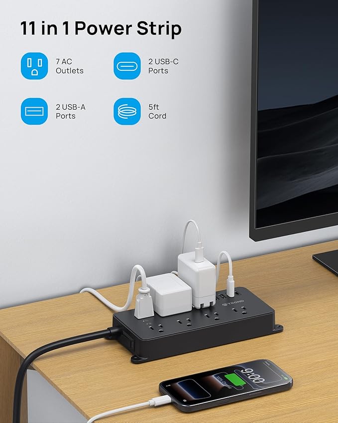 TROND Power Strip Surge Protector, 7 Widely-Spaced Outlets, 2 USB-A & 2 USB-C, ETL Listed, Flat Plug 5ft Extension Cord, Wall Mountable, 1700J, 14AWG Heavy Duty, for Home Office Garage, Black