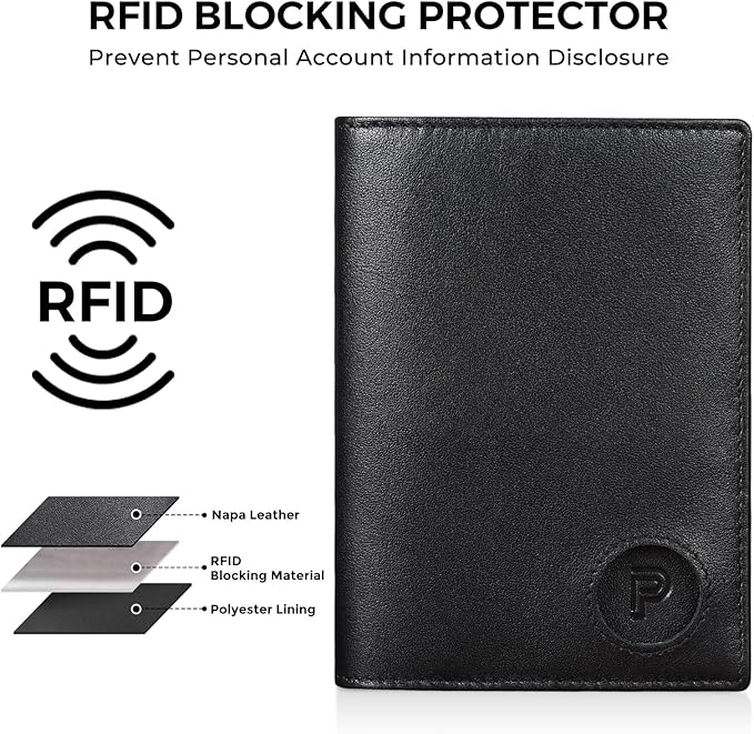 Polare Slim RFID Blocking Leather Passport Holder Travel Bifold Wallet For Men (Black with AirTag Holder)