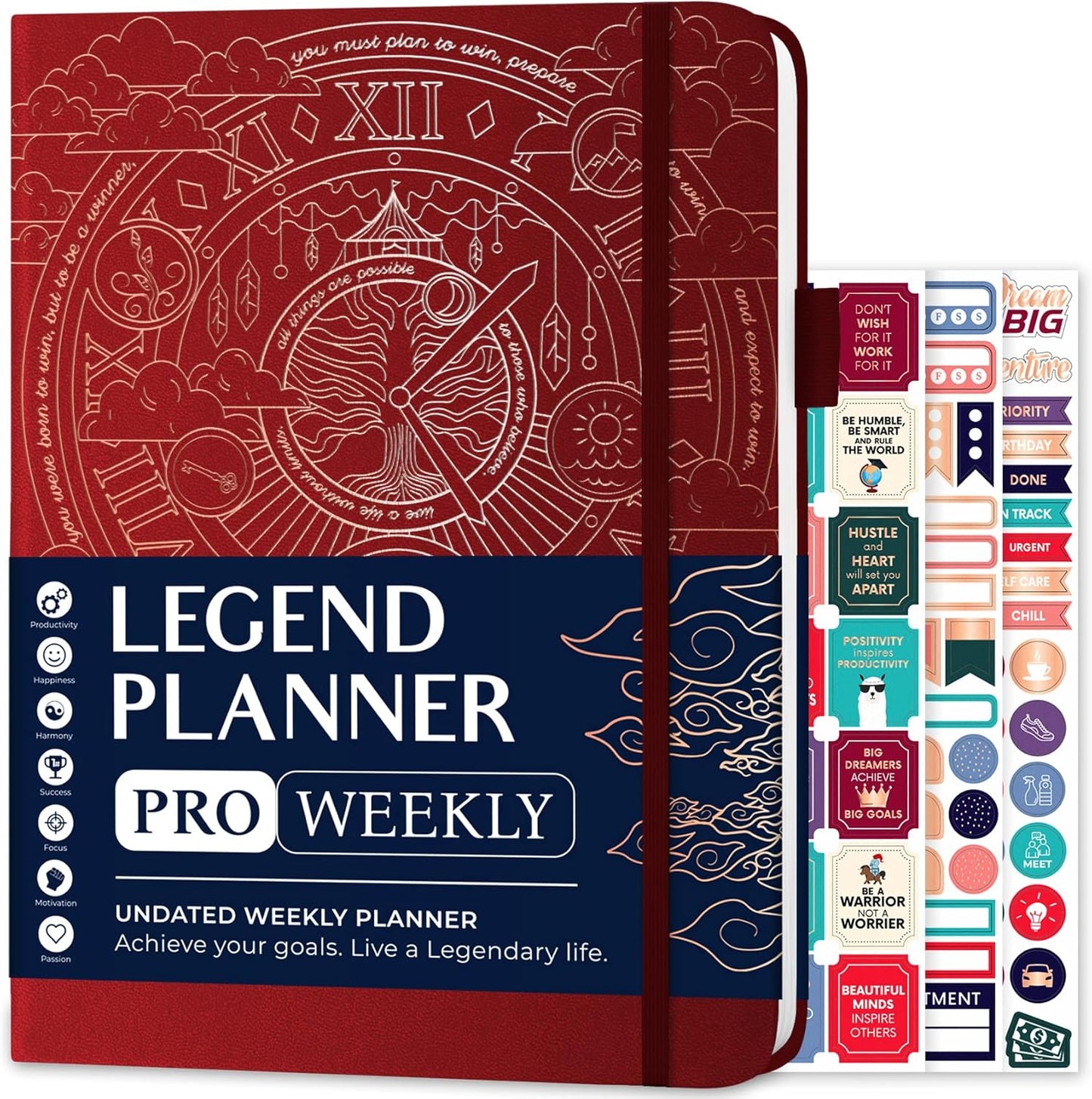 Legend Planner PRO – Deluxe Weekly & Monthly Life Planner to Increase Productivity and Hit Your Goals. Time Management Organizer Notebook – Undated – 7 x 10" Hardcover + Stickers – Wine Red