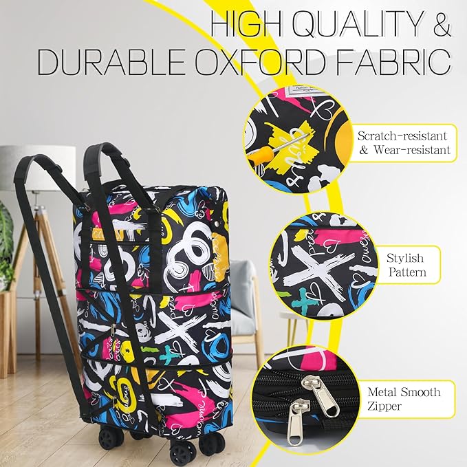 VOOWO Duffel Bag with Wheels - Rolling Foldable Expandable Duffle Bag with Wheels for Travel, Rolling Luggage Carry On Bag with Wheels, Large Rolling Backpack Weekend Bags for Men Women (Black)