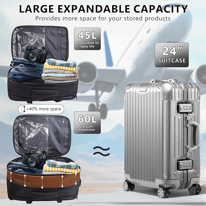 Vacuum Backpack Travel,60L Exapandable Air Compression System,Water Resistant & TSA Anti Theft,Strong Sealing,Available for boarding, Ideal for Travel/Laptop, Black(Vacuum Pump Included)